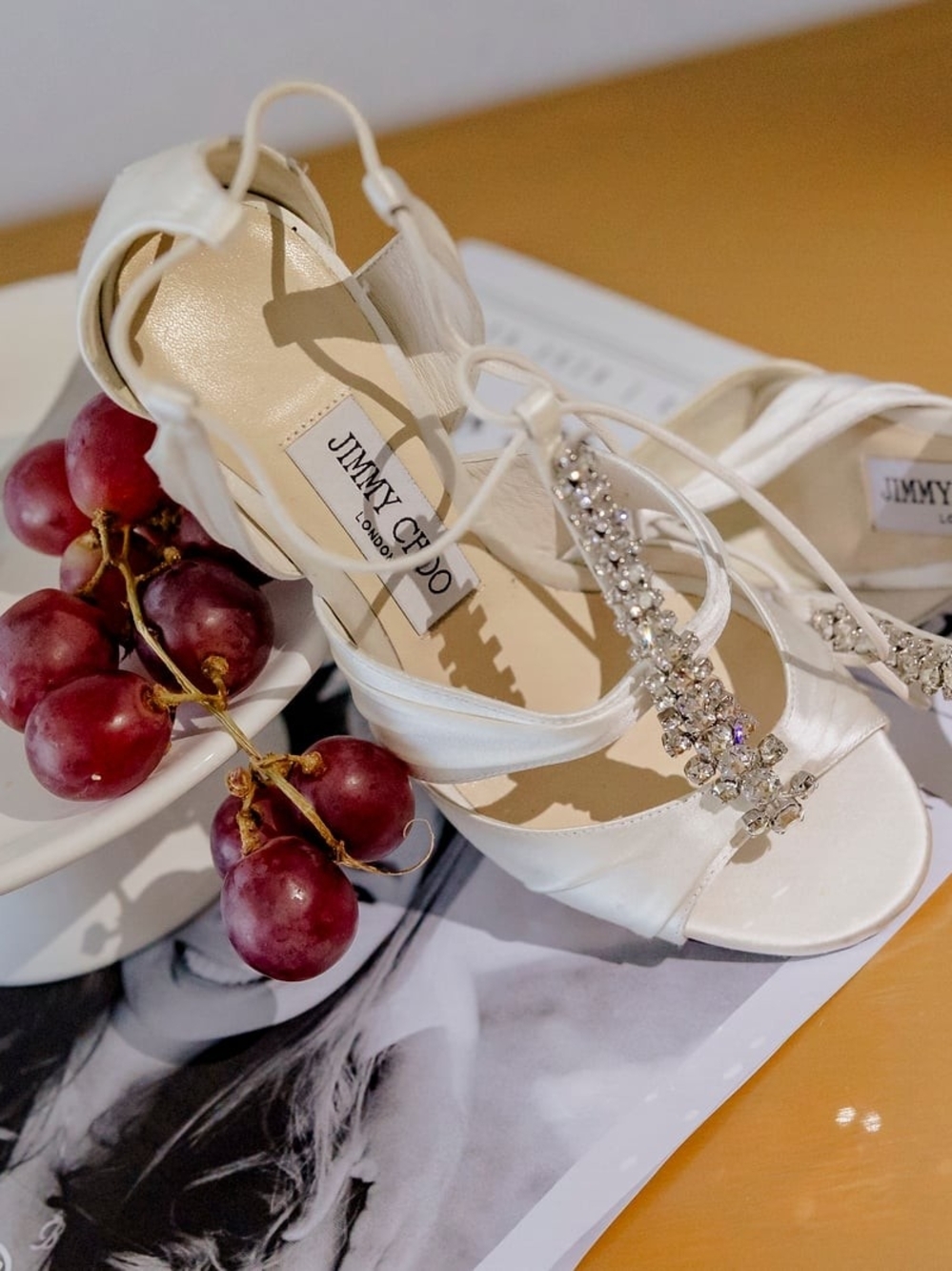 Jimmy Choo White Satin Crystal T-Strap Heeled Sandals